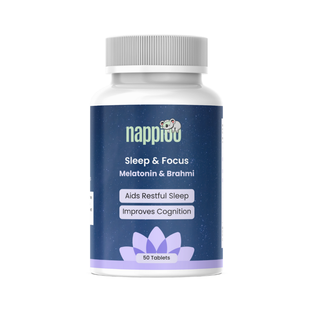 Nappioo Sleep & Focus – Melatonin & Brahmi | Restful Sleep & Enhanced Cognition (50 Tablets)